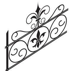 Decorative iron fence section with double fleur de lis icons and ornate scrolling metal wirework frame isolated on white for architectural railing design or upscale garden exterior metal landscaping. © Nasima