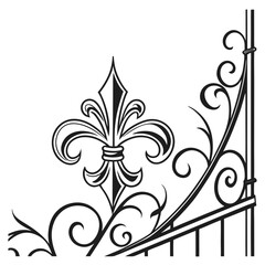 Wrought iron gate panel with central fleur de lis motif and classic arch details vector graphic for architectural metal fencing design elements showing royal heritage style isolated on white surface. © Nasima