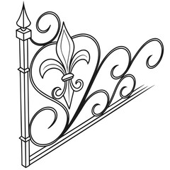 Ornate metalwork corner bracket with fleur de lis and iron scrolls vector graphic for architectural fence design or decorative frame corner embellishment displaying classic gothic revival metal style. © Nasima