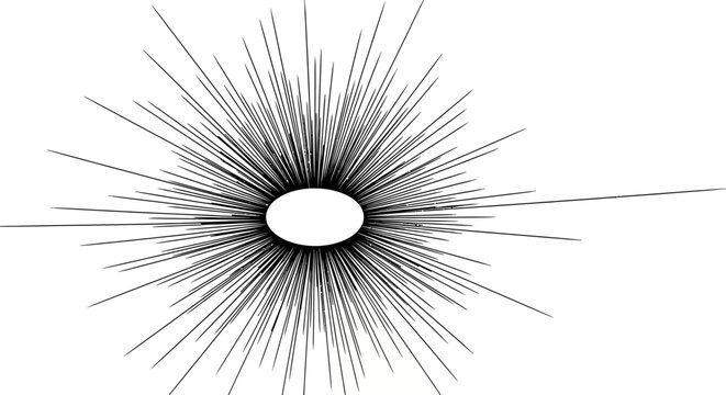 Abstract radial burst illustration featuring a central oval shape with radiating thin lines in black and white