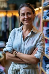 Fototapeta premium Shop assistant smiling in cozy local fashion boutique with clothing racks and wooden shelves