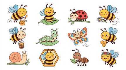 Obraz premium Cute kawaii honey bee sticker vector set with colorful flat design cartoon garden insect illustrations for children scrapbooking