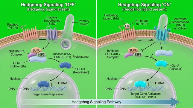 Hedgehog signaling pathway diagram with ligand absent and present