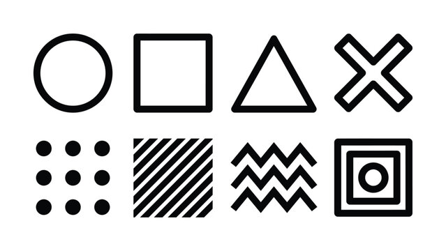 Set of basic geometric shapes and patterns for design and graphic resources  circle square triangle x shapes with dots lines and zigzags