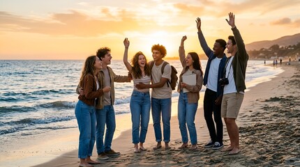 Obraz premium Happy Friends Beach Sunset Waves | Diverse Group Young Adults Enjoying Ocean
