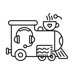 Train engine with headset and coffee cup outline travel concept icon © ZOHIRUL