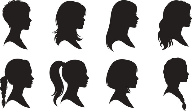 Women Profile Silhouette Collection with Various Hairstyles Isolated Black Head Portrait Set.