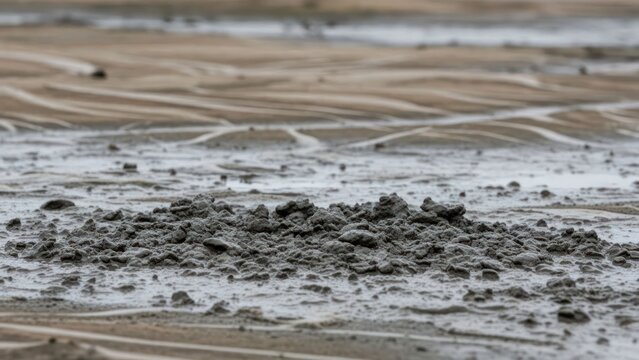 Detail of wet grey mud pile on textured, waterlogged ground