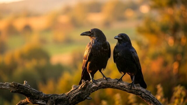 two crows on tree branches in sherwood forest england golden light close up video
