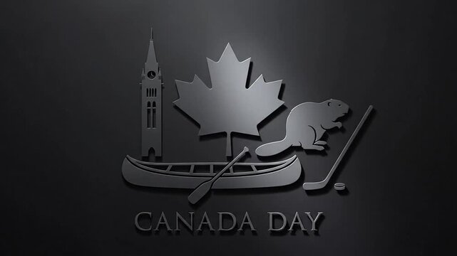 Canada Day animation featuring 3D embossed icons with light sweep on black.