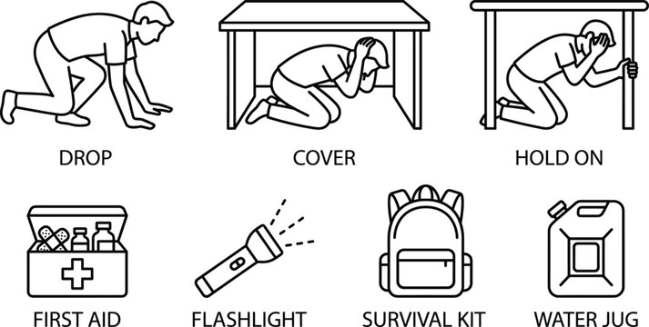Earthquake disaster preparedness and safety line icon set with survival kit emergency instructions and equipment