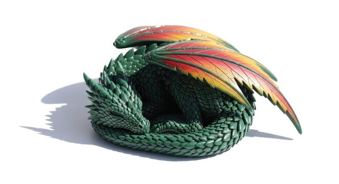 Coiled green dragon figurine with red and yellow wings.