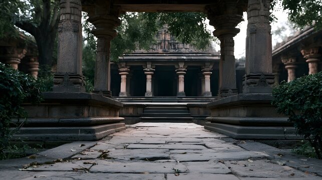 A tranquil worm s eye view captures the delicate details of an ancient temple courtyard