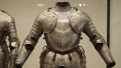 Obraz premium Close-up photograph of historic medieval steel plate armor suit on display