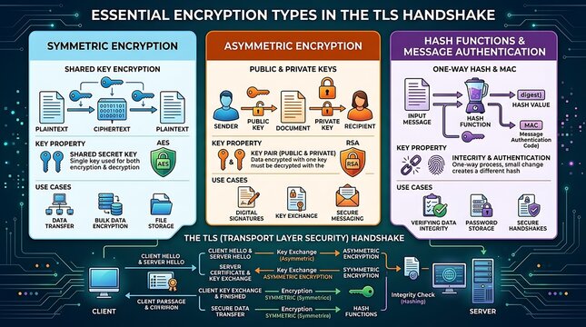 Infographic showing encryption types and the tls handshake process