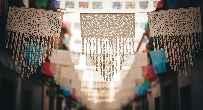 Mexican papel picado flags with binary code pattern hanging in street