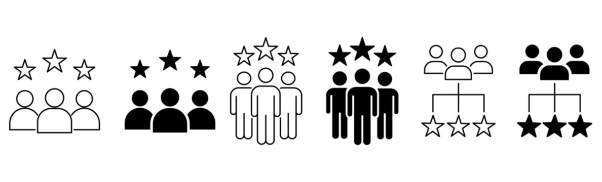 Customer rating and feedback icon set, user review, client satisfaction, reputation, team ranking and five star evaluation symbols isolated on transparent background vector illustration.