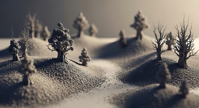 Miniature 3D forest landscape with small trees on sandy hills at dusk