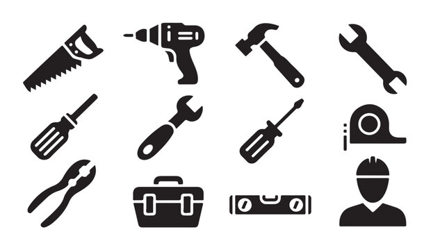 Set of construction tools vector icons hammer screwdriver wrench saw and drill toolbox.