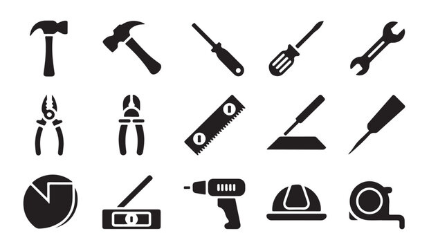 Set of construction tools vector icons hammer screwdriver wrench pliers and saw.