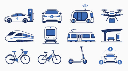 Fototapeta premium Future Mobility Transportation Icons Set. Electric, Autonomous, and Public Vehicles.