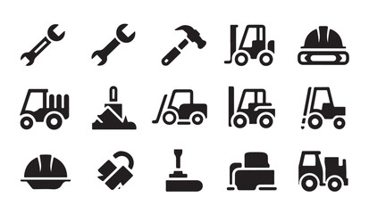 Construction vehicle and tools icons vector set forklift truck wrench. © RANA