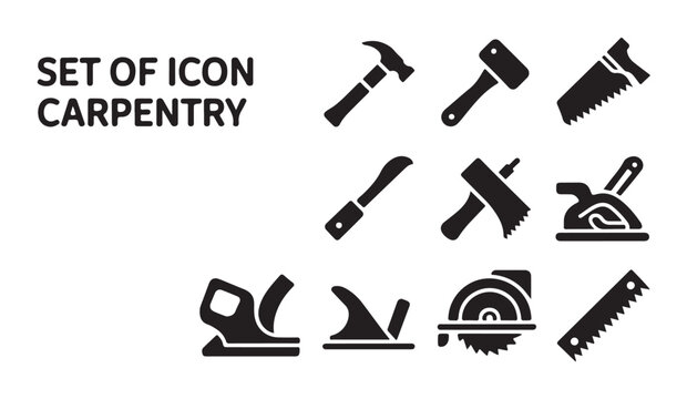 Collection of carpentry tools icons vector set hammer saw plane.