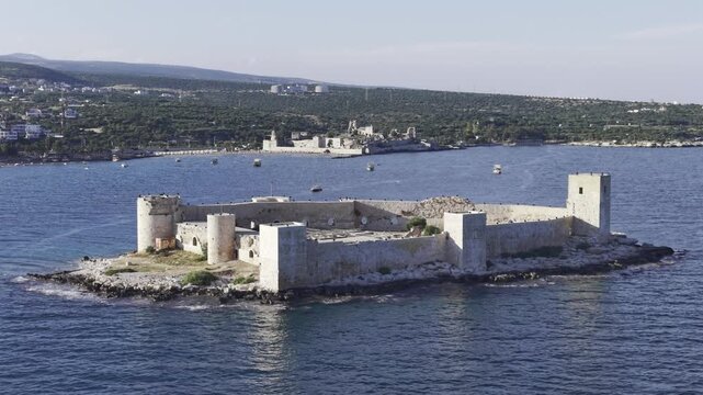 Aerial View of Kizkalesi (Maiden's Castle) and Mediterranean Coastline in Mersin Turkey, Historic Seaside Fortress and Ancient Landmark at Sunset