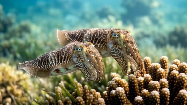 two cuttlefish swimming in great barrier reef australia underwater morning light close up video