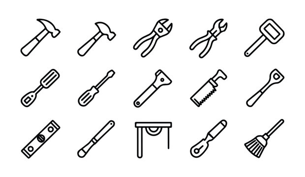 Linear construction tool outline icons showing hammers pliers screwdrivers and level bar.