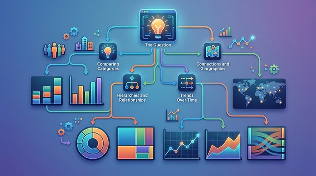 Data analytics flowchart with various charts and information graphics