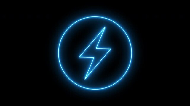Neon glowing blue battery charging icon animation with neon circle. Neon lightning bolt. 4K video