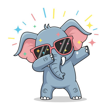 Cute cartoon elephant wearing sunglasses doing a dab dance move, isolated on white background.