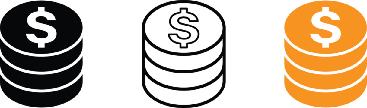 Stack of dollar coin icon set vector illustration in flat, outline and color styles