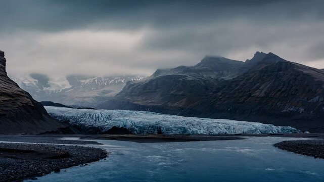 Serene glacier melting into winding river with misty mountains and peaceful natural landscape