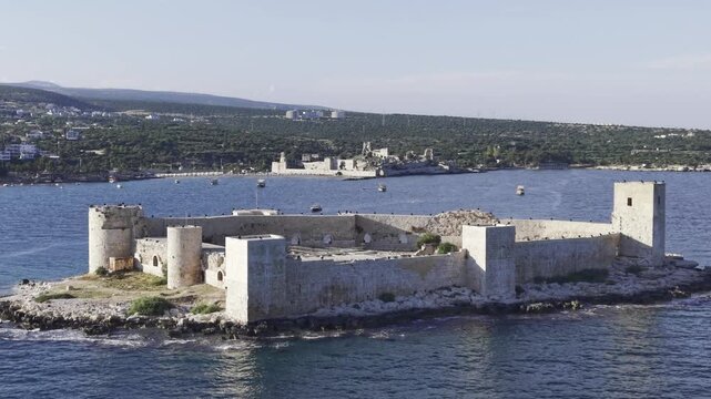 Aerial View of Kizkalesi (Maiden's Castle) and Mediterranean Coastline in Mersin Turkey, Historic Seaside Fortress and Ancient Landmark at Sunset