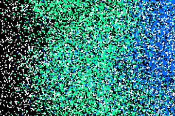 Abstract background, featuring a dense, pattern of small, green, blue, and, white geometric shapes, scattered over a, solid black surface area © Papiya