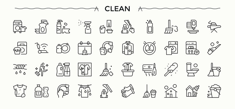 Clean linear icon collection. UI icons set in a thin style. Containing sweep, wash, cleaning, housekeeping, cleaning, cleaner. Editable vector art. Clean icon set.