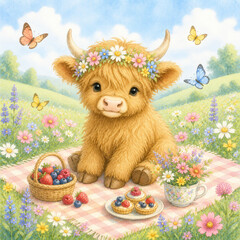 Naklejka premium Spring Blossom Highland Cow with Wildflower Crown at Berry Picnic