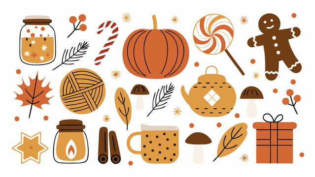 Autumn themed objects and seasonal elements flat vector illustration
