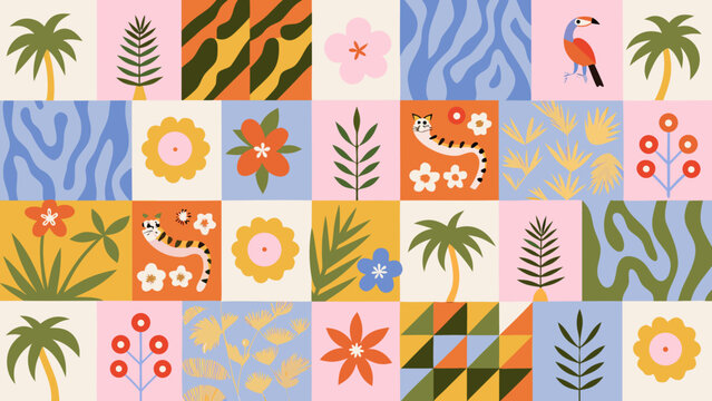 Floral And Tropical Pattern With Geometric Elements Vector Illustration