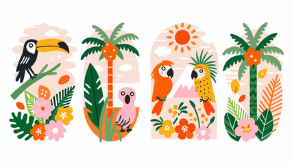 Fototapeta premium Tropical Birds And Palm Trees Colorful Vector Illustration