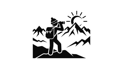 Obraz premium Hiker with Backpack and Binoculars Observing Mountains and Sunrise