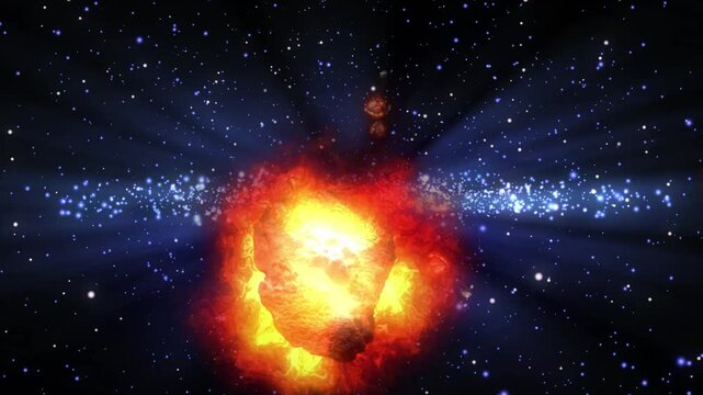 燃え上がる小惑星と宇宙空間
