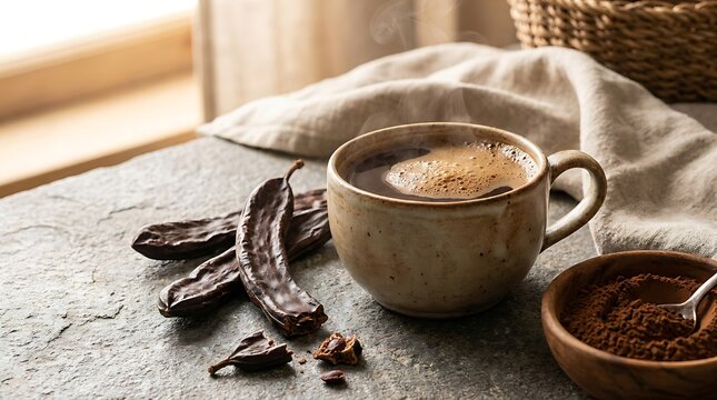 Fresh carob pods and a warm cup of healthy carob drink on a rustic kitchen table in the morning sun. decaf coffee substitutes