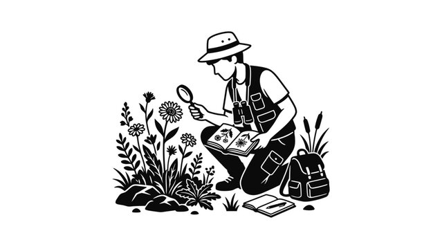 Botanist Examining Flowers With Magnifying Glass And Field Guide