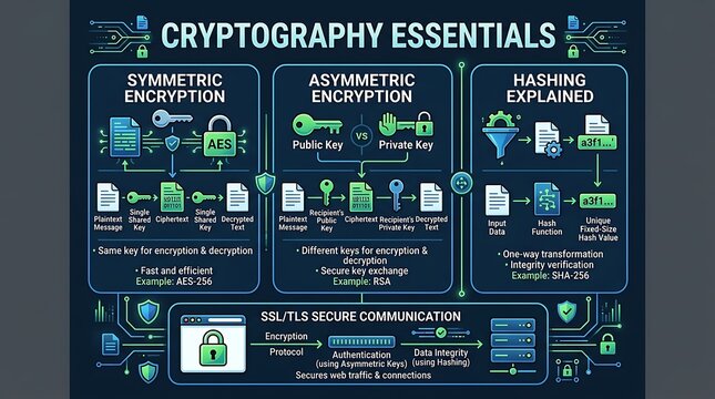 Cryptography essentials infographic with encryption and hashing methods