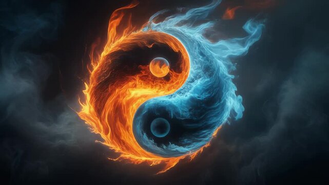 Mesmerizing yin yang symbol made of swirling fire and water elements seamless loop animation