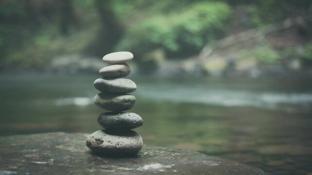 A peaceful stack of smooth river stones balanced by flowing water surrounded by nature