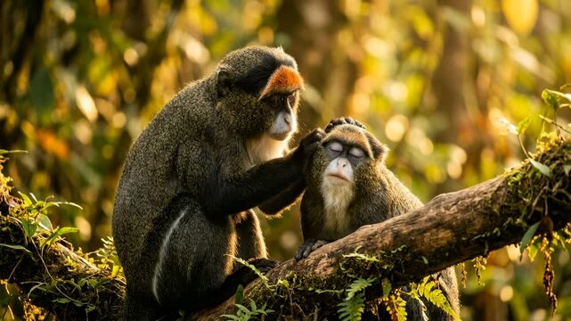 two de brazza's monkeys in kibale forest uganda golden light close up video